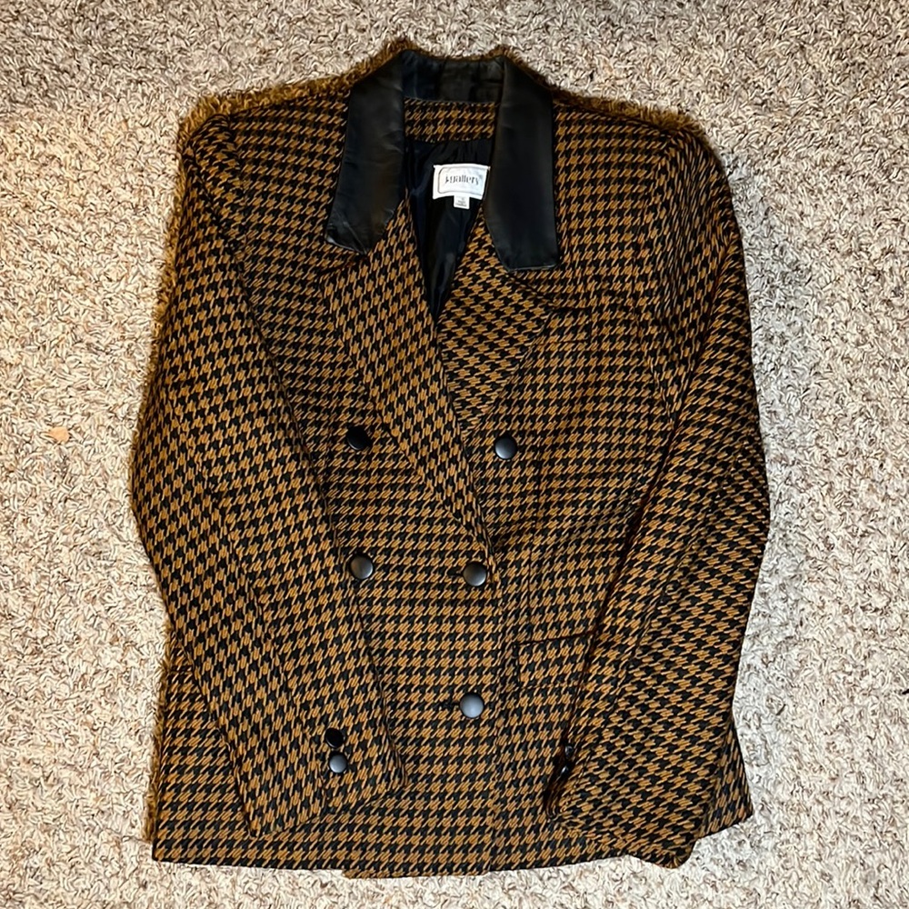 J Crew Gallery Blazer Brown Mustard and black Houndstooth with black collar
